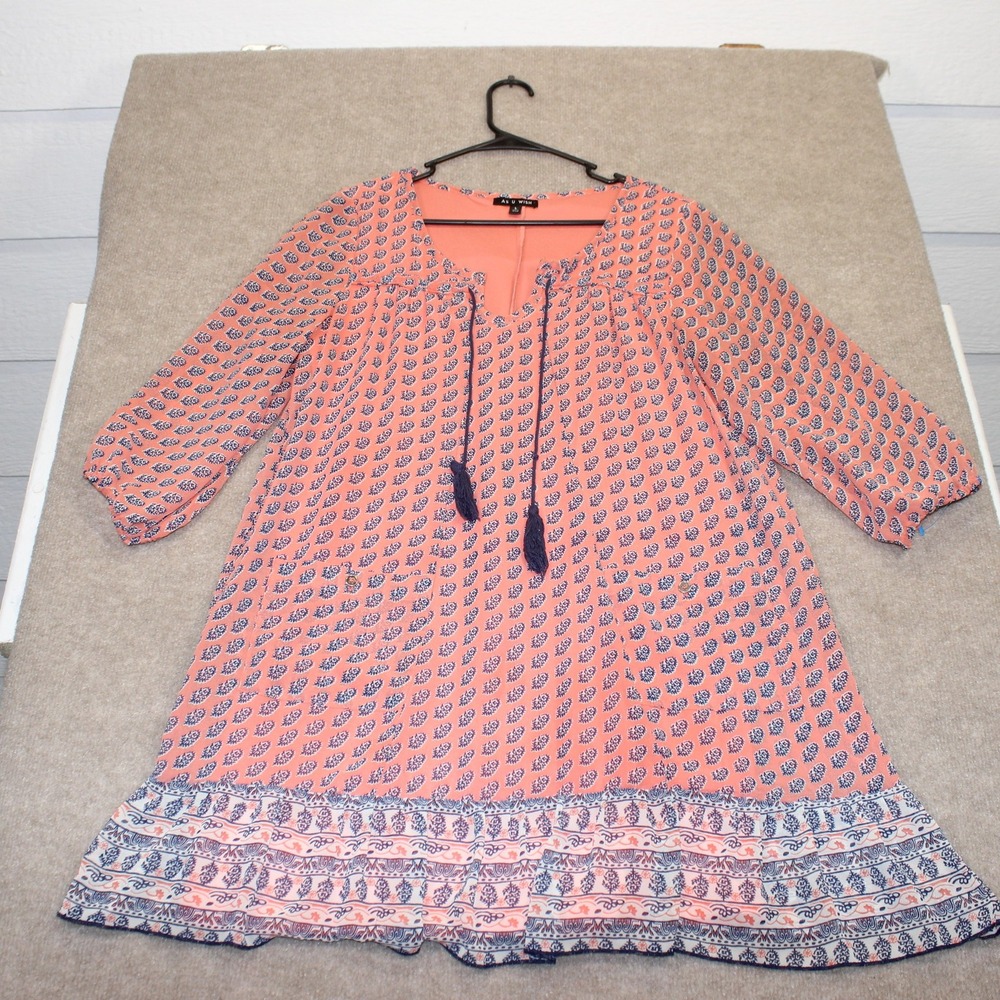As U Wish Coral Pink Navy Paisley Tassel Shift Dress Size Large L Boho Ruffle